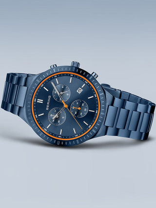 Angle shot of Bering Chronograph 11743-797 Blue Titanium Unisex Watch on white background