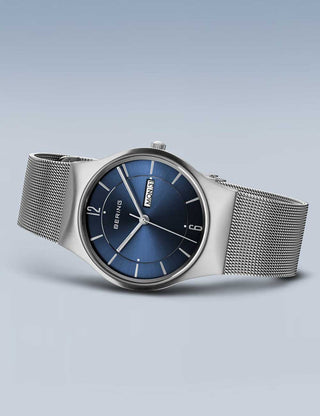 Angle shot of Bering 11938-003DD Blue Dial Silver Stainless Steel Unisex Watch on white background