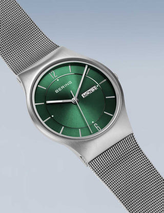 Angle shot of Bering 11938-008DD Green Dial Silver Stainless Steel Unisex Watch on white background