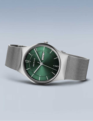 Angle shot of Bering 11938-008DD Green Dial Silver Stainless Steel Unisex Watch on white background