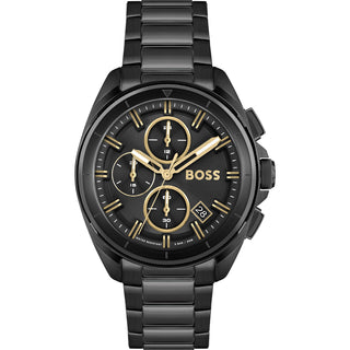 Front view of Hugo Boss Chronograph 1513950 Black Dial Stainless Steel Mens Watch on white background