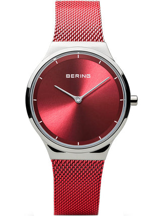 Front view of Bering 12131-303 Red Dial Stainless Steel Womens Watch on white background