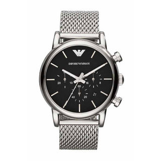 Front view of Emporio Armani Luigi Chronograph AR1811 Black Dial Silver Stainless Steel Mens Watch on white background