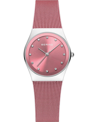 Front view of Bering 12927-989 Pink Stainless Steel Womens Watch on white background