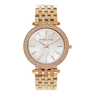 Front view of Michael Kors Darci M MK3220 Mother Of Pearl Dial Rose Gold Stainless Steel Womens Watch on white background