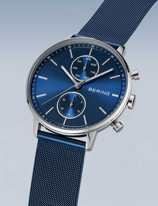 Angle shot of Bering 13242-307 Blue Stainless Steel Unisex Watch on white background