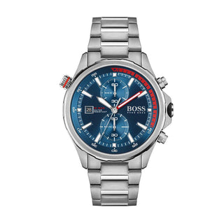 Front view of Hugo Boss Chronograph 1513823 Blue Dial Stainless Steel Mens Watch on white background