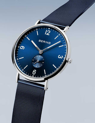 Angle shot of Bering 14040-307 Blue Stainless Steel Unisex Watch on white background