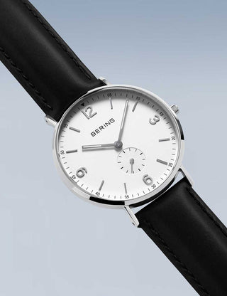 Angle shot of Bering 14040-404 White Dial Black Leather Unisex Watch on white background