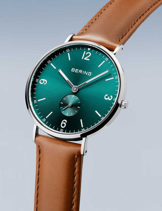 Angle shot of Bering 14040-508 Green Dial Brown Leather Unisex Watch on white background