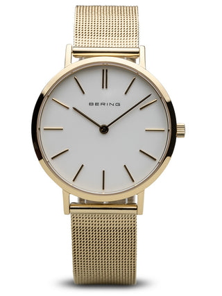 Front view of Bering 14134-331 White Dial Gold Stainless Steel Womens Watch on white background