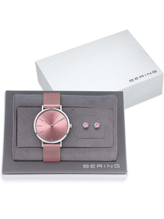 Angle shot of Bering 14134-999-GWP Pink Stainless Steel Womens Watch on white background