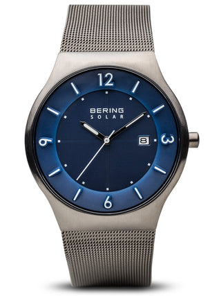 Front view of Bering 14440-007 Blue Dial Grey Stainless Steel Unisex Watch on white background