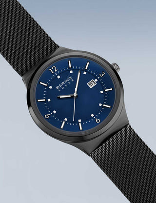 Angle shot of Bering 14442-227 Blue Dial Black Stainless Steel Unisex Watch on white background