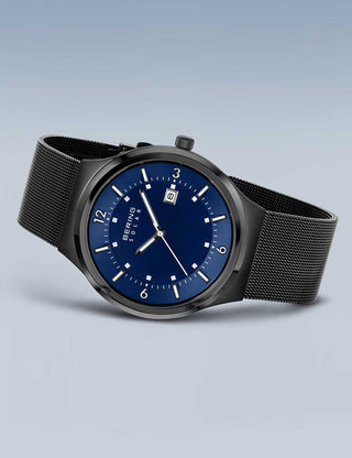 Angle shot of Bering 14442-227 Blue Dial Black Stainless Steel Unisex Watch on white background