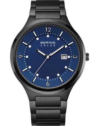 Front view of Bering 14442-727 Blue Dial Black Stainless Steel Unisex Watch on white background