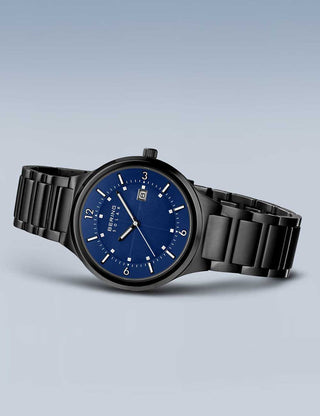 Angle shot of Bering 14442-727 Blue Dial Black Stainless Steel Unisex Watch on white background