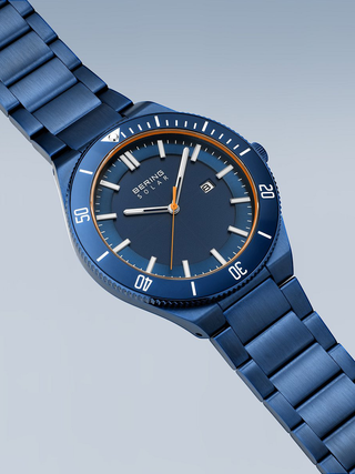 Angle shot of Bering 14443-797 Blue Stainless Steel Unisex Watch on white background