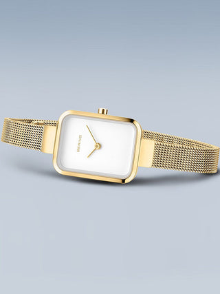 Angle shot of Bering 14520-334 White Dial Gold Stainless Steel Womens Watch on white background