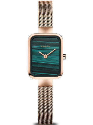 Front view of Bering 14520-368 Green Dial Rose Gold Stainless Steel Womens Watch on white background