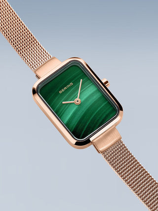 Angle shot of Bering 14520-368 Green Dial Rose Gold Stainless Steel Womens Watch on white background