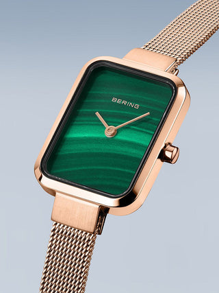 Angle shot of Bering 14520-368 Green Dial Rose Gold Stainless Steel Womens Watch on white background