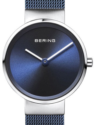 Front view of Bering 14526-307 Blue Stainless Steel Womens Watch on white background