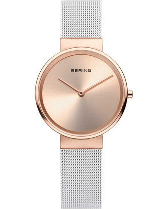 Front view of Bering 14531-266 Rose Gold Dial White Stainless Steel Womens Watch on white background