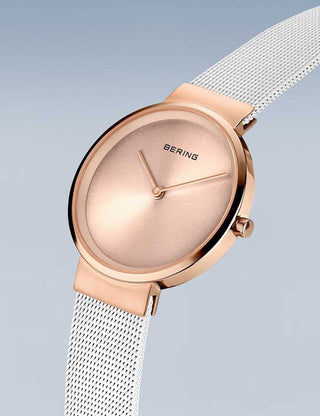 Angle shot of Bering 14531-266 Rose Gold Dial White Stainless Steel Womens Watch on white background