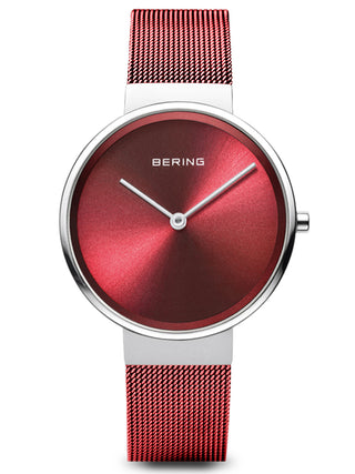 Angle shot of Bering 14531-303 Red Dial Stainless Steel Womens Watch on white background