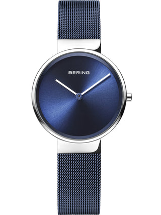 Angle shot of Bering 14531-307 Blue Stainless Steel Womens Watch on white background