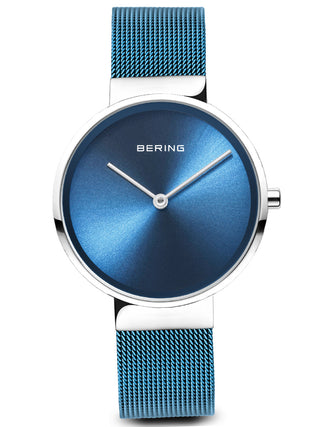 Angle shot of Bering 14531-308 Blue Stainless Steel Womens Watch on white background