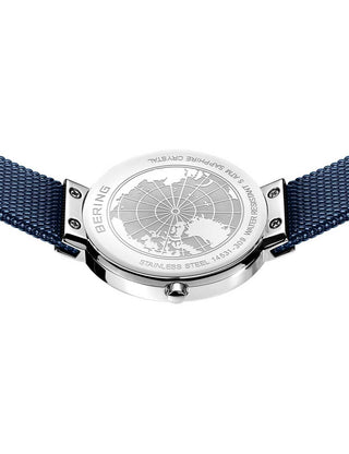 Angle shot of Bering 14531-309 Blue Dial Silver Stainless Steel Womens Watch on white background