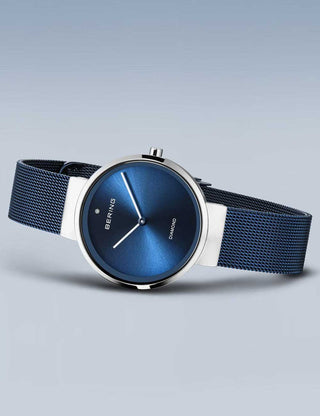 Angle shot of Bering 14531-309 Blue Dial Silver Stainless Steel Womens Watch on white background