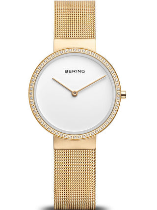 Angle shot of Bering 14531-330 White Dial Gold Stainless Steel Womens Watch on white background