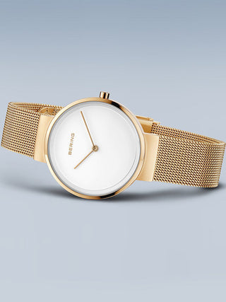 Angle shot of Bering 14531-334 White Dial Gold Stainless Steel Womens Watch on white background