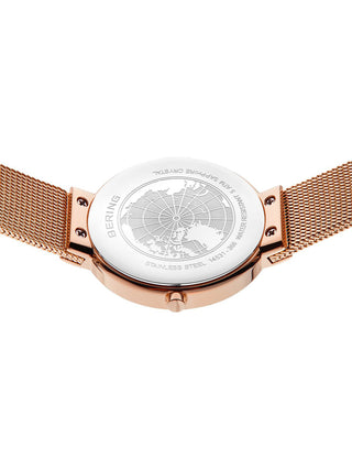 Angle shot of Bering 14531-368 Green Dial Rose Gold Stainless Steel Womens Watch on white background