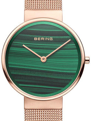 Front view of Bering 14531-368 Green Dial Rose Gold Stainless Steel Womens Watch on white background