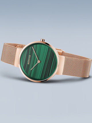 Angle shot of Bering 14531-368 Green Dial Rose Gold Stainless Steel Womens Watch on white background