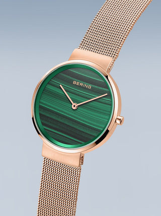 Angle shot of Bering 14531-368 Green Dial Rose Gold Stainless Steel Womens Watch on white background