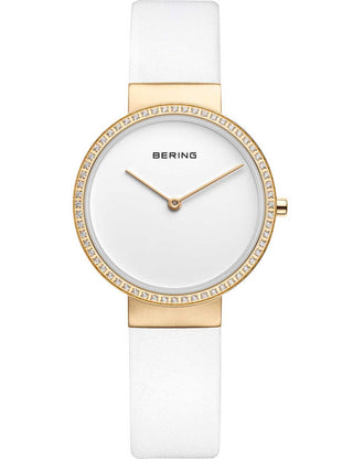 Front view of Bering 14531-630 White Leather Womens Watch on white background