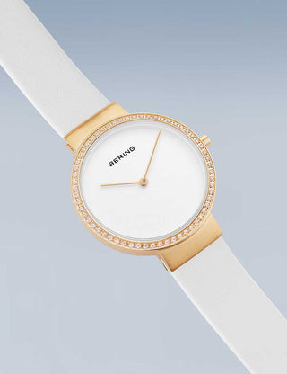 Angle shot of Bering 14531-630 White Leather Womens Watch on white background