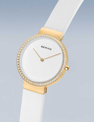 Angle shot of Bering 14531-630 White Leather Womens Watch on white background