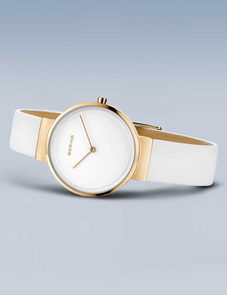 Angle shot of Bering 14531-634 White Leather Womens Watch on white background