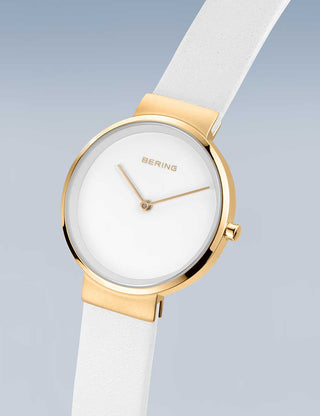 Angle shot of Bering 14531-634 White Leather Womens Watch on white background