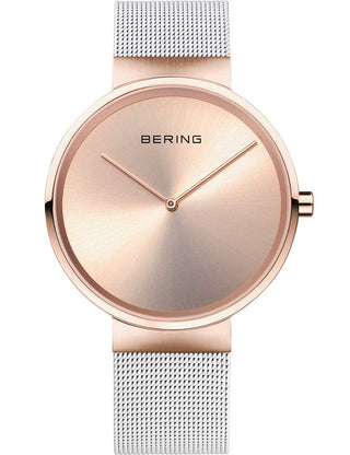 Front view of Bering 14539-266 Rose Gold Dial White Stainless Steel Unisex Watch on white background