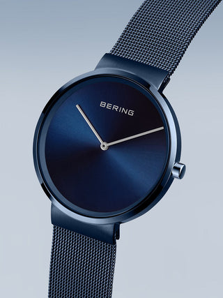 Angle shot of Bering 14539-397 Blue Stainless Steel Unisex Watch on white background