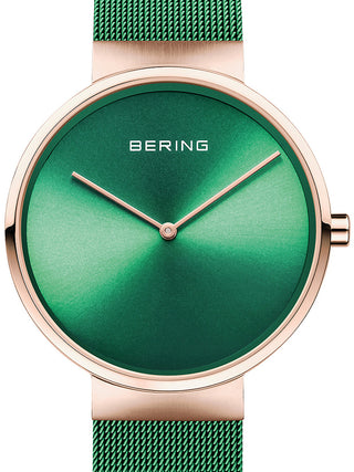 Front view of Bering 14539-868 Green Dial Rose Gold Stainless Steel Unisex Watch on white background