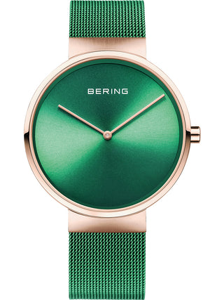 Angle shot of Bering 14539-868 Green Dial Rose Gold Stainless Steel Unisex Watch on white background