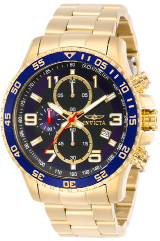 Front view of Invicta Specialty Chronograph INV14878 Black Dial Gold Stainless Steel Mens Watch on white background